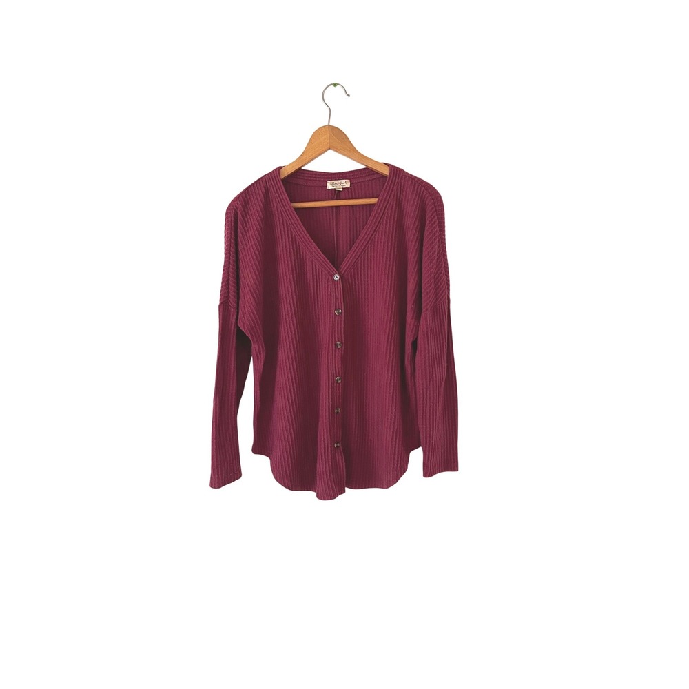 Ultra Flirt Waffle Knit Cardigan Women M Burgundy V-Neck Thermal Top Layering